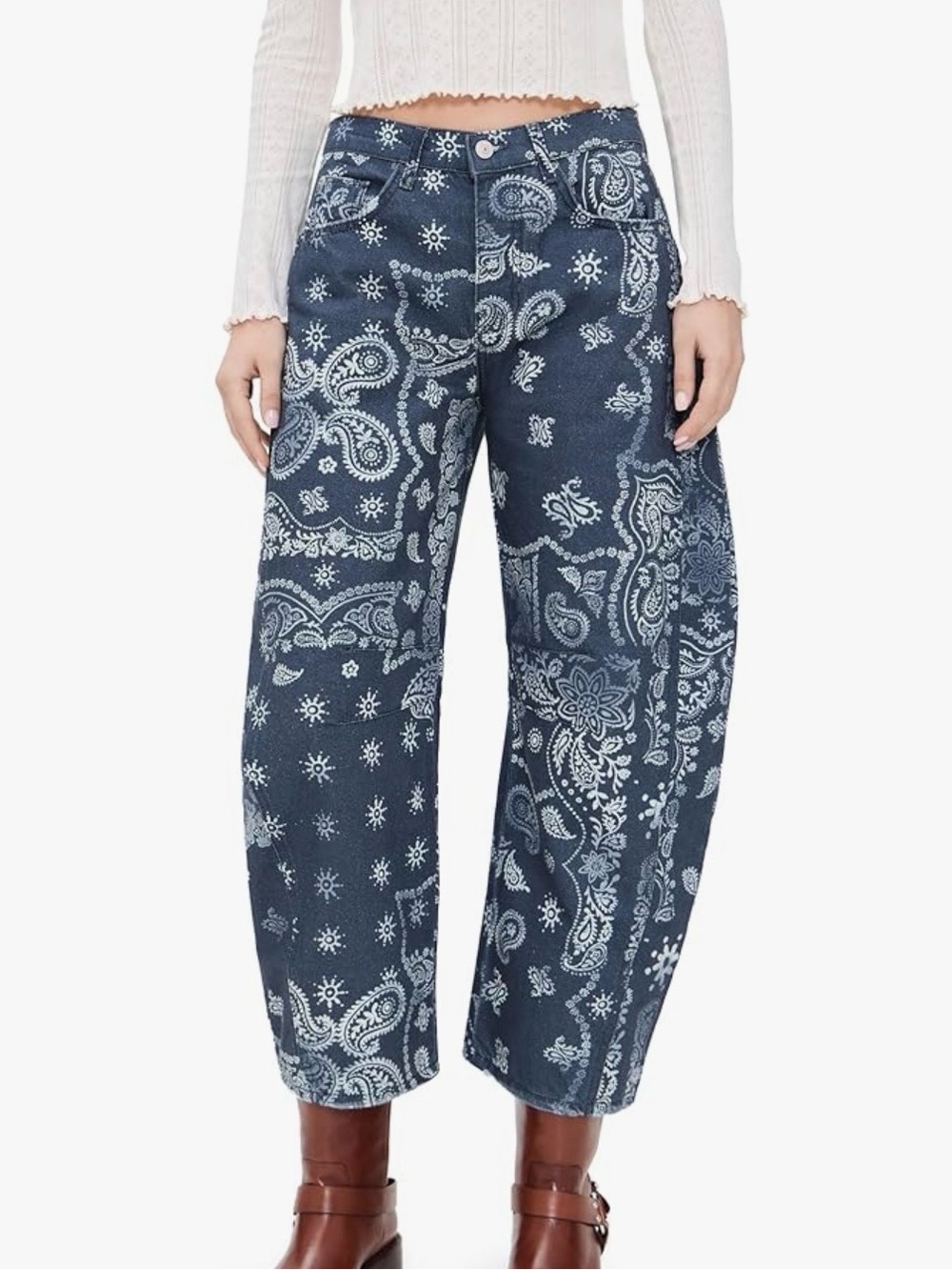 Womens Baggy Barrel Boyfriend Jeans -Blue Bandana Print